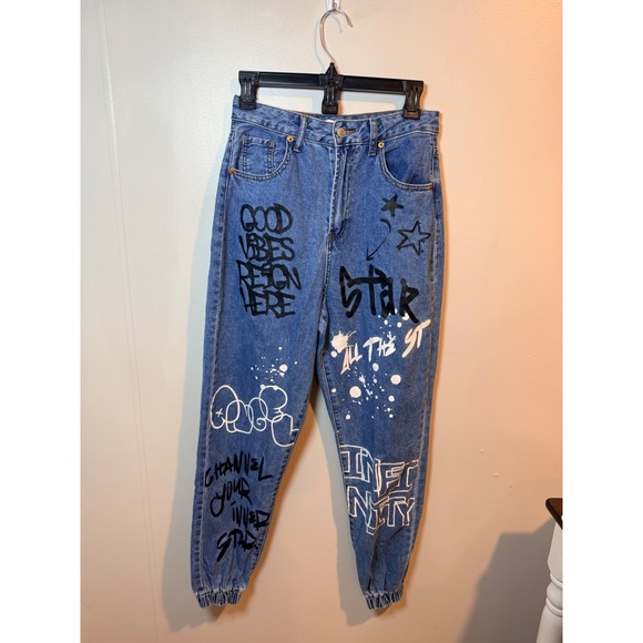 SONG Graffiti Jogger Jeans Women's Size 3/26 Blue Denim Elastic Waist‎ Art - Picture 2 of 10
